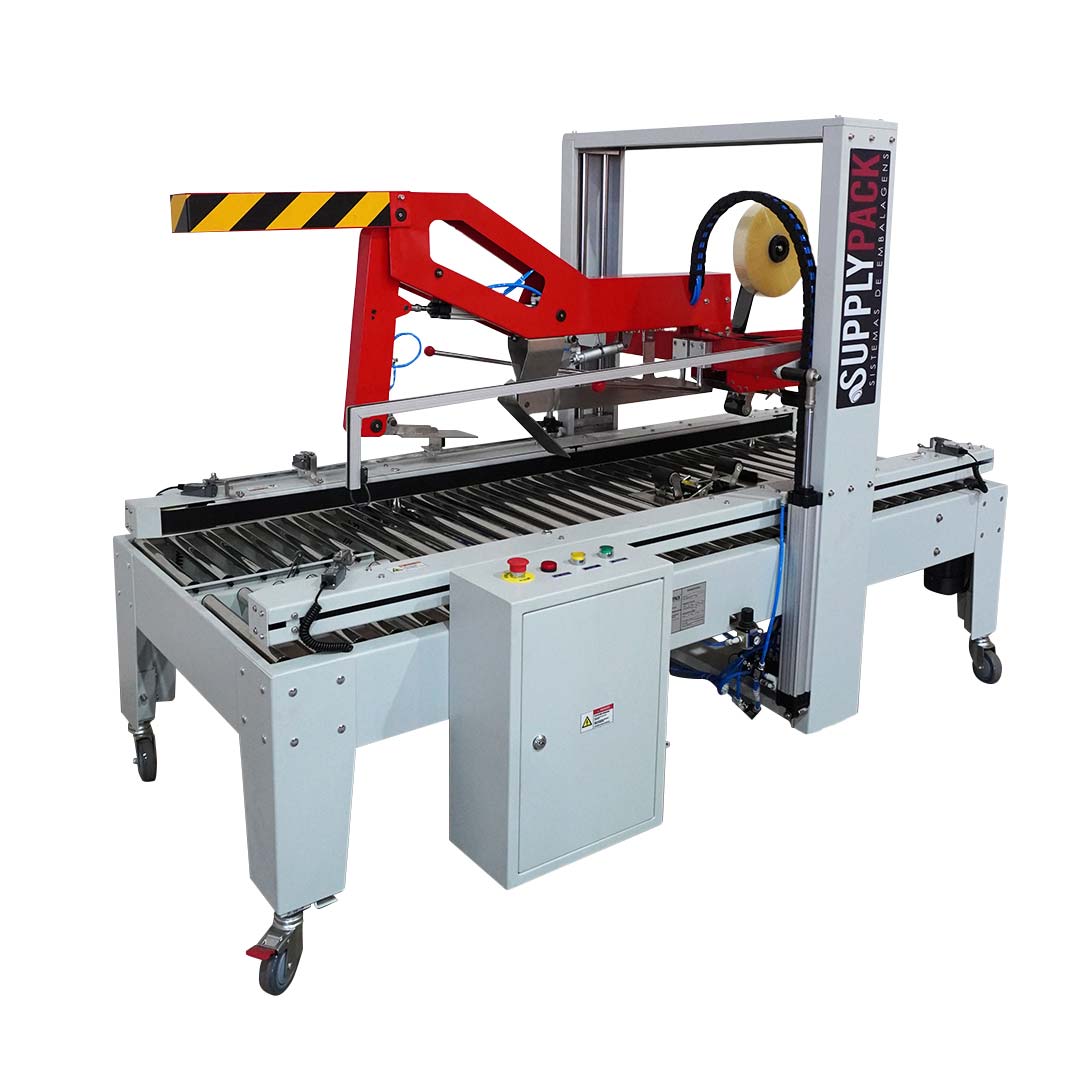Seladora de Caixas Automática SXJ-6050AC — vista em perspectiva com cabeçote superior e inferior